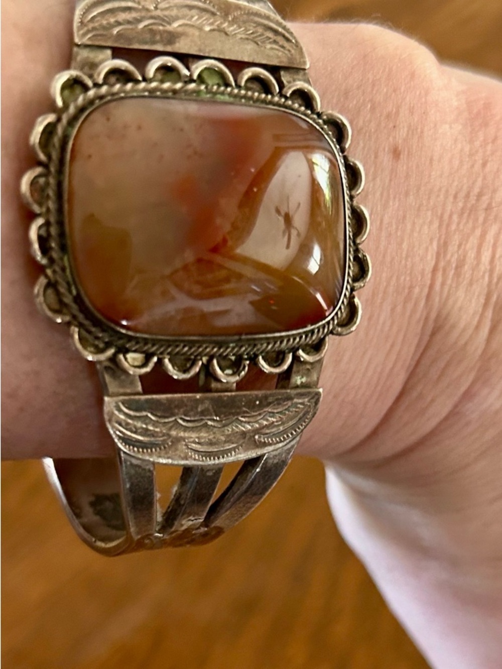 Sterling Silver Cuff Bracelet with Petrified Wood Stone - Brown/Orange